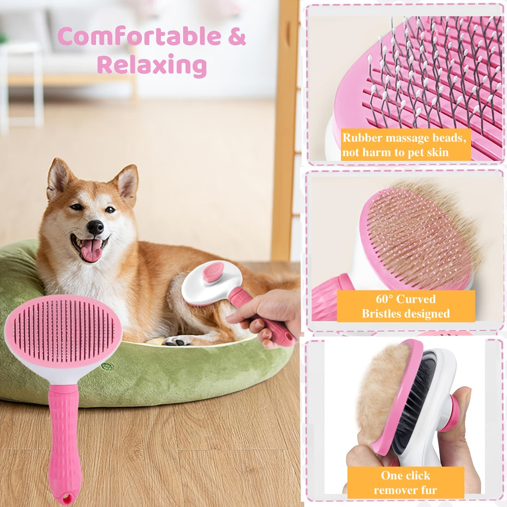 Dog Grooming Tool Set with Self-Cleaning Slicker Brush, Nail Clippers, Comb, Bath Brush and Finger Toothbrushes for At-Home Dog and Cat Care