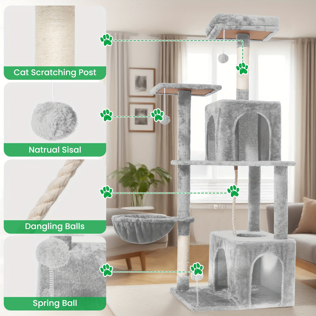 Cat Tree Tower with Condos and Hammock, TSCOMON Indoor Cat Furniture with Sisal Scratching Posts, Top Perches and Pompom Toys for Play and Rest
