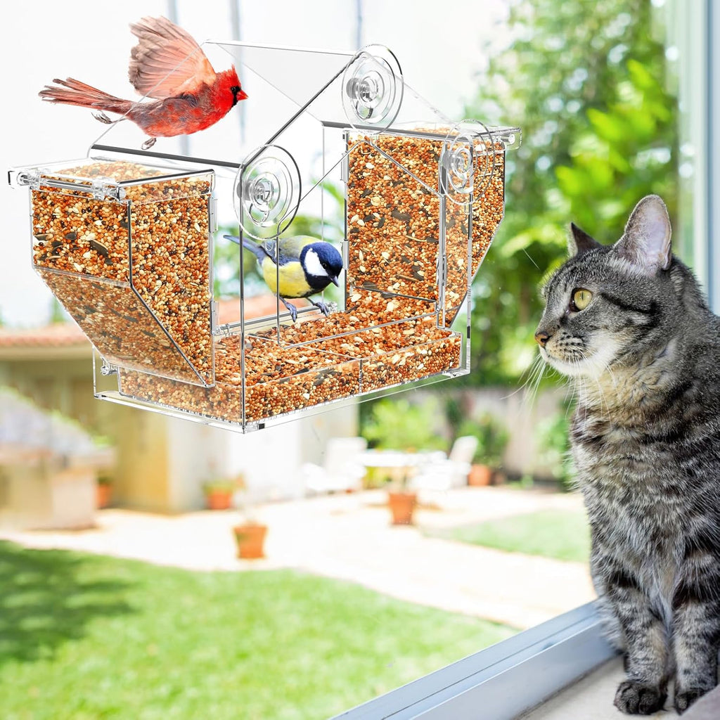 Window Bird Feeder with Dual Side Hoppers, Extra Large Clear Outdoor Feeder with Suction Cups and Adhesive Mount for Indoor Bird Watching