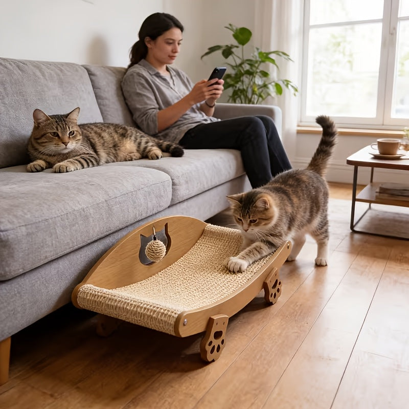 Sisal Cat Scratcher Sofa with Toy Balls, Indoor Cat Scratching Bed and Lounge Chair for Daily Claw Scratching, Play and Rest, S or L