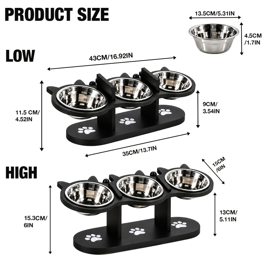 Double Cat Bowl Stand with Two Stainless Steel Dishes, 15 Degree Tilted Adjustable Black Wooden Feeder for Cat and Small Dog Food and Water