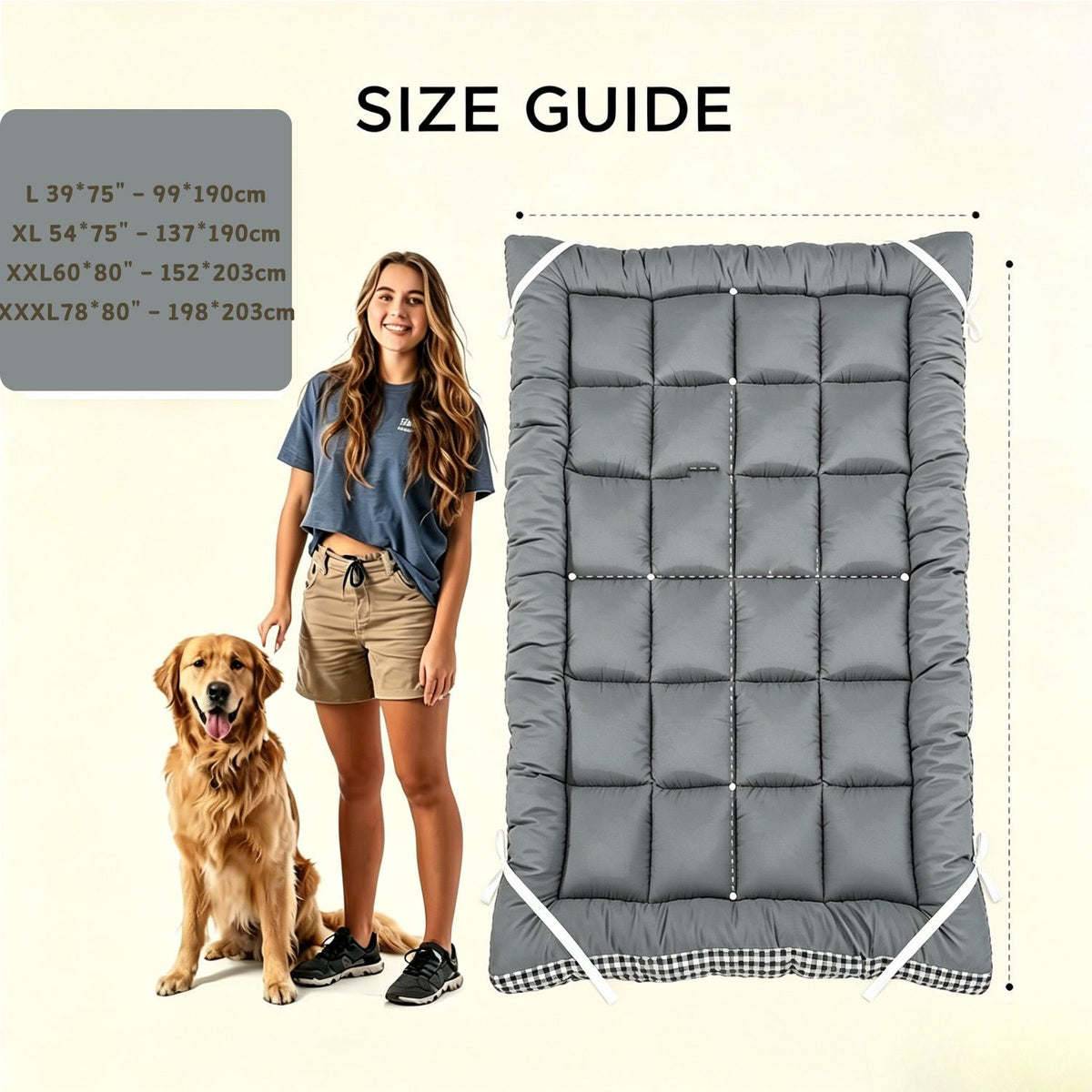 Dog Bed Mat Topper with Four Corner Straps, Rectangular Roll-Up Pet Mattress Pad for Large Dogs and Multi-Pet Homes, L to XXXL with Plush and Faux Fur Options