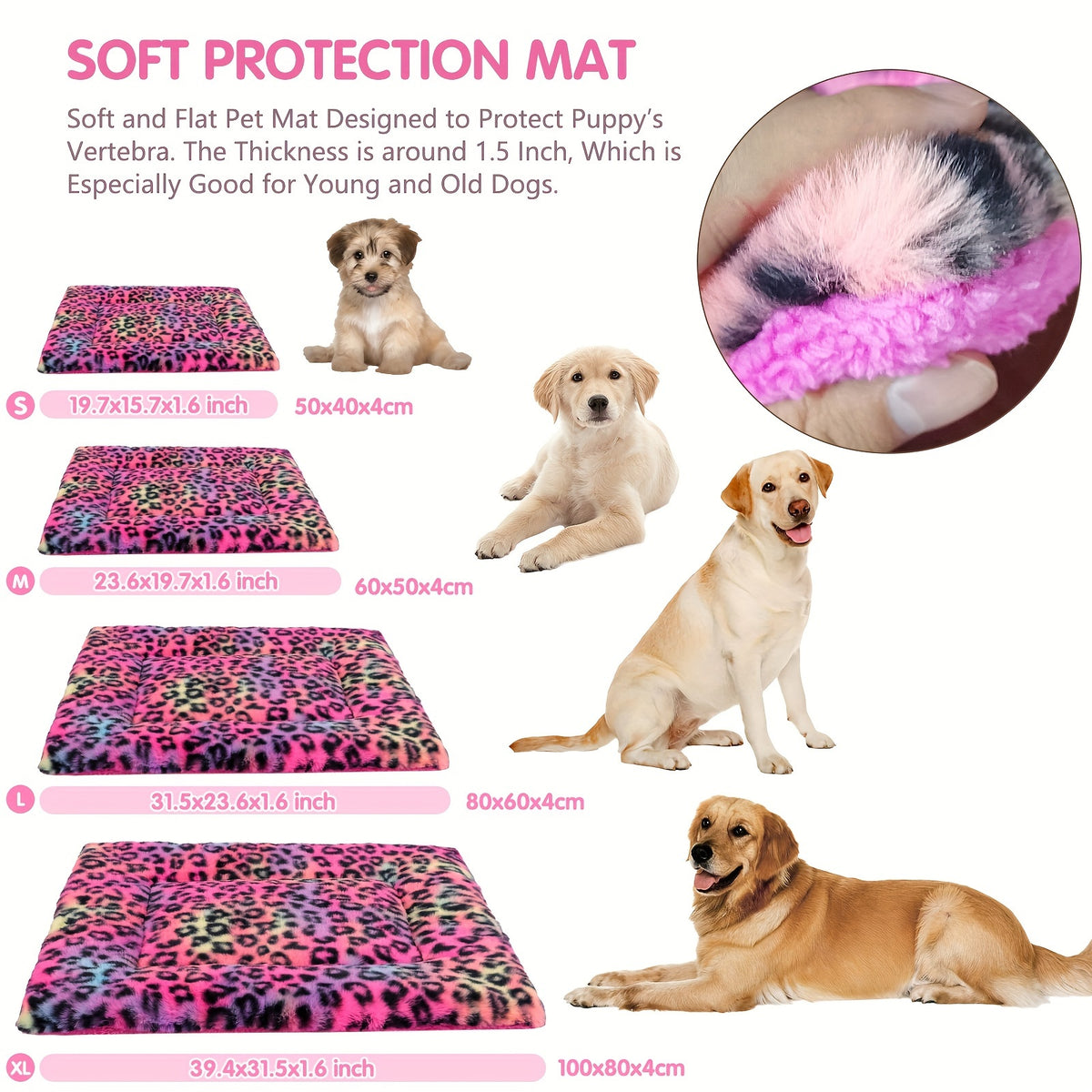 Reversible Dog Crate Mat with Leopard Print, Machine Washable Plush Pet Sleeping Pad for Dogs and Cats, Foldable Fleece Cushion in S to XL
