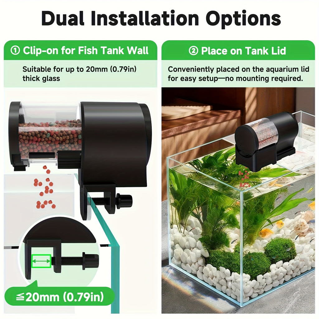 Timed Aquarium Fish Feeder 110 mL, Automatic Food Dispenser with 12H 24H 48H Intervals, Manual Feeding Button and Tank Clamp, Battery Powered in Black