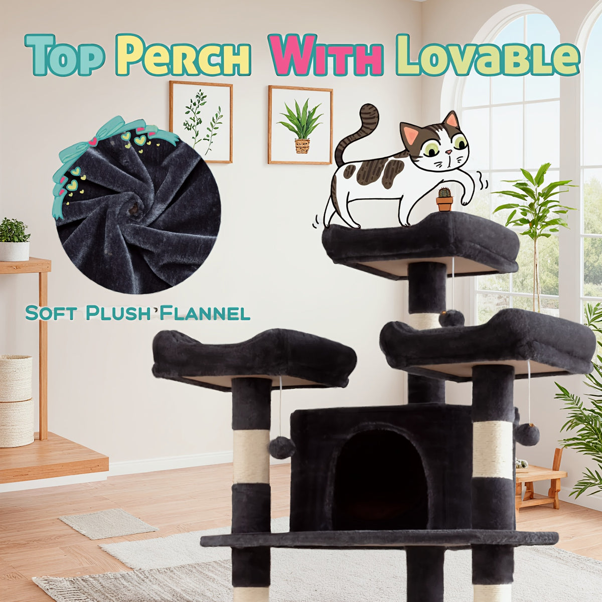 Cat Tree 73 Inch Fan-Shaped Tower for Indoor Cats with Plush Perches, Sisal Scratching Posts, Hammock and Baskets for Climbing and Rest