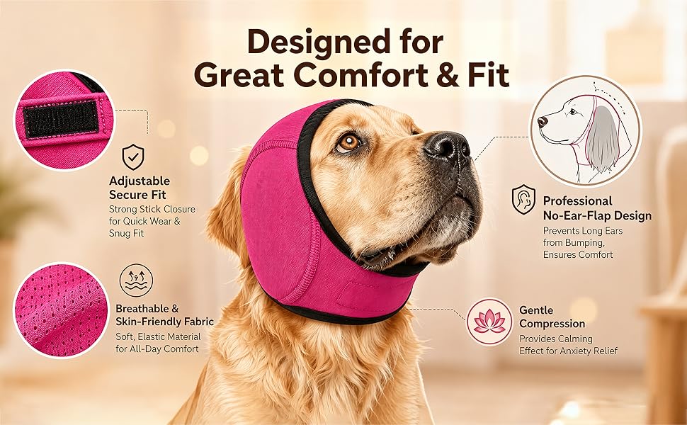 Dog Ear Wrap Grooming Hood, Adjustable Soft Ear Cover with Hook-and-Loop Closure for Supervised Bath-Time and Grooming Routines, Three Sizes and Five Colors