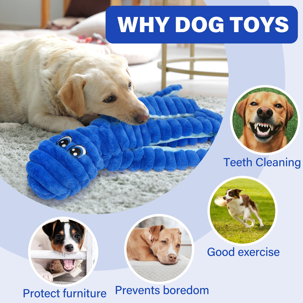 Blue Octopus Dog Toy with Squeaker and Crinkle Sounds, Plush Interactive Tug Toy for Larger Dogs, Supervised Gentle Chewing and Indoor Play