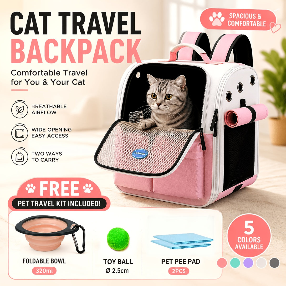 Front Opening Pet Carrier Backpack for Cats, Small Dogs and Puppies, Breathable Foldable Travel Bag with Safety Hook and Storage Pockets