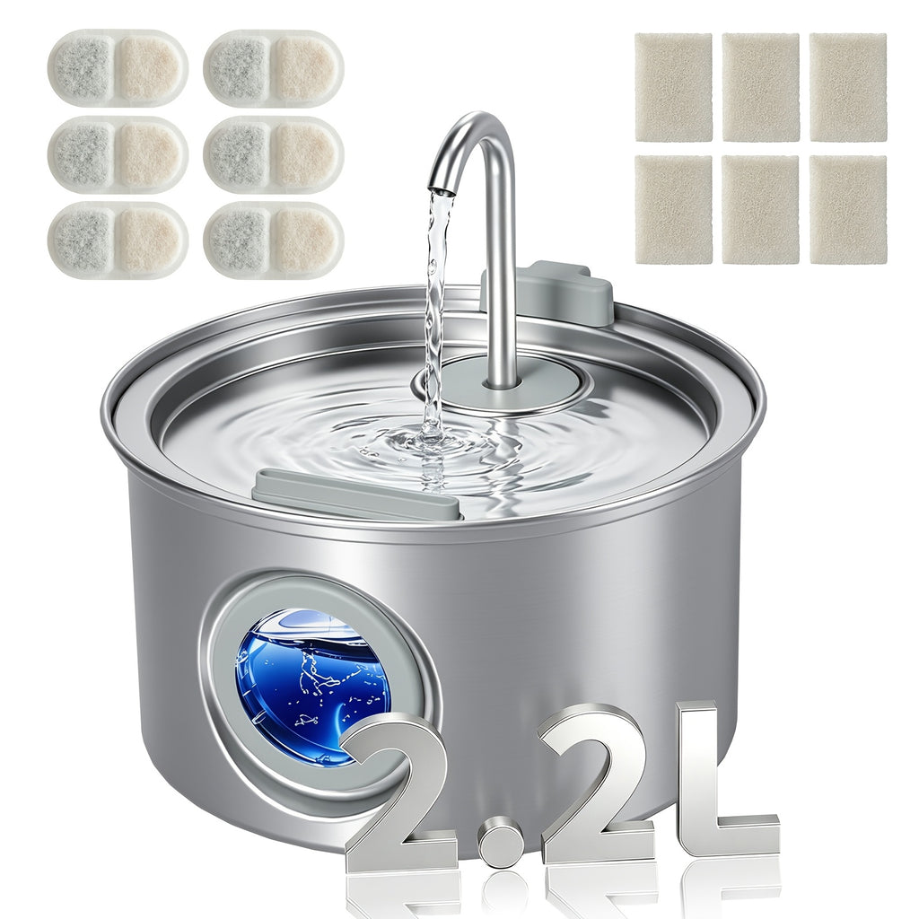 Dog Water Fountain 74oz 2.2L, Quiet 304 Stainless Steel Pet Drinking Dispenser with Large Water Level Window, Easy-Clean Design and Filter Bundle Options