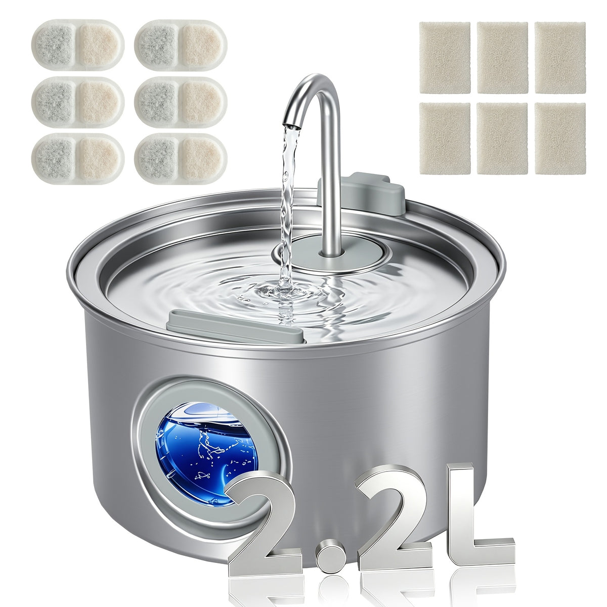 Dog Water Fountain 74oz 2.2L, Quiet 304 Stainless Steel Pet Drinking Dispenser with Large Water Level Window, Easy-Clean Design and Filter Bundle Options