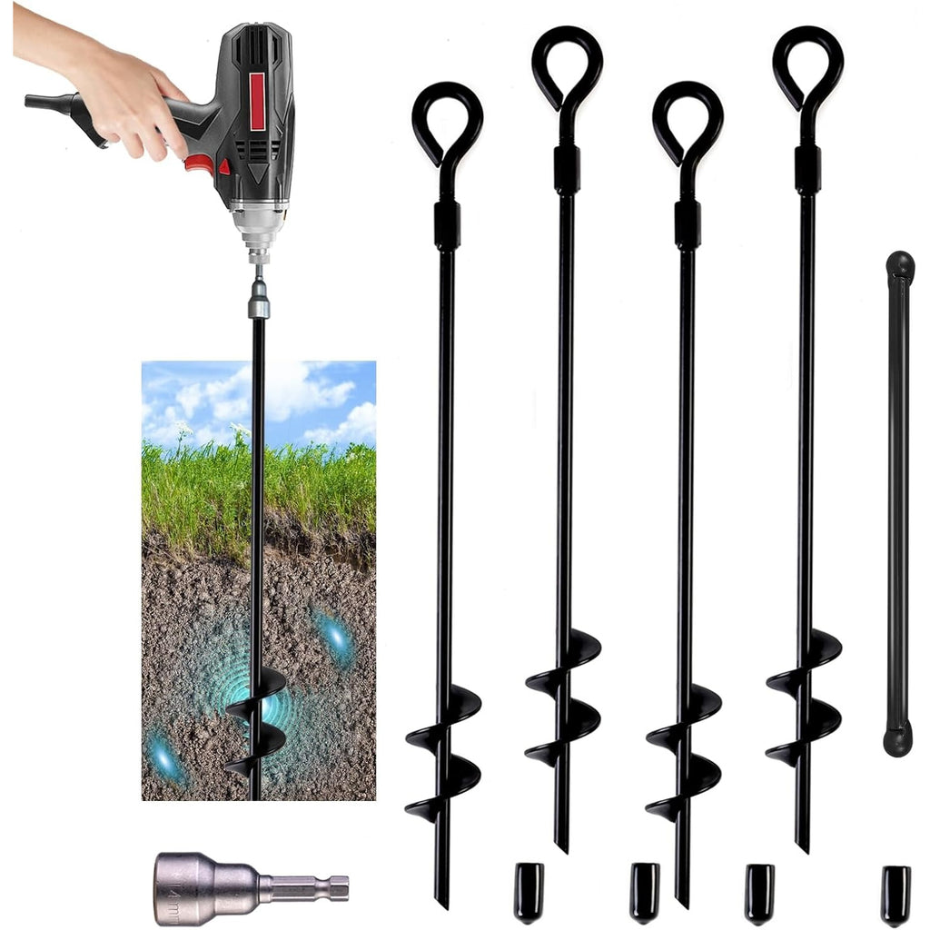 Screw In Ground Anchors 18 Inch with Folding Rings, Spiral Metal Stakes in 4, 6 or 8 Packs for Supervised Dog Tie Outs and Camping Setups