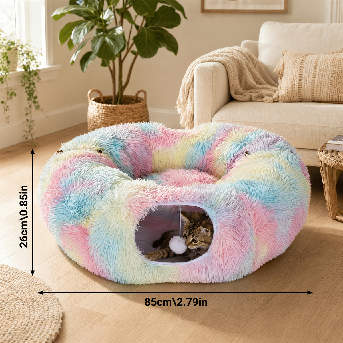 Plush Cat Tunnel Bed for Indoor Cats, 2-in-1 Foldable Donut Hideaway with Removable Washable Mat and Hanging Toy Ball, Four Color Options