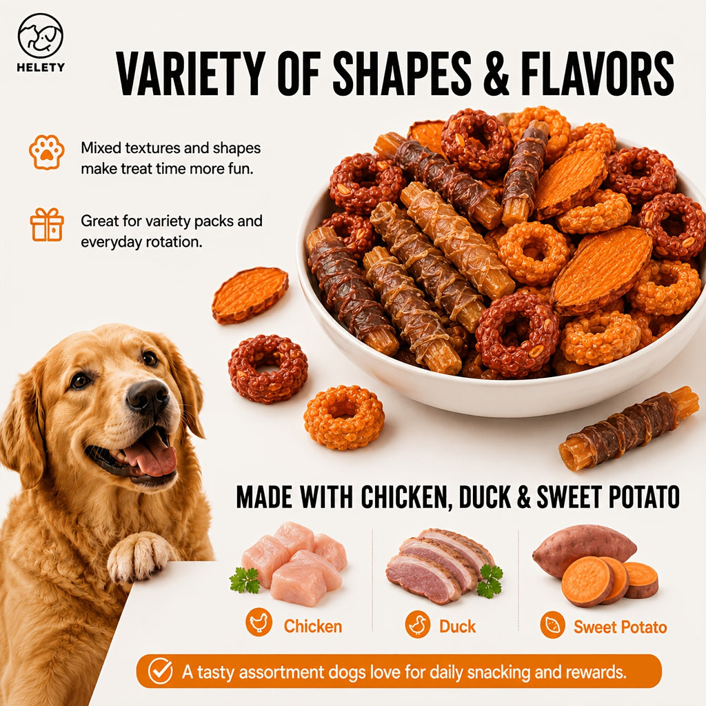 Sweet Potato Dog Treat Selection with Dried Slices, Duck Sweet Potato and Chicken Donut Options, Chewy Snacks for Supervised Rewards and Treat Time