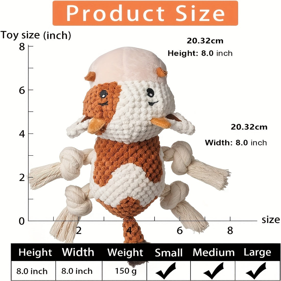 Cow Dog Toy with Knotted Rope Legs, 8-Inch Squeaky Crinkle Plush Pet Toy for Supervised Gentle Tug of War, Fetch and Interactive Puppy Play