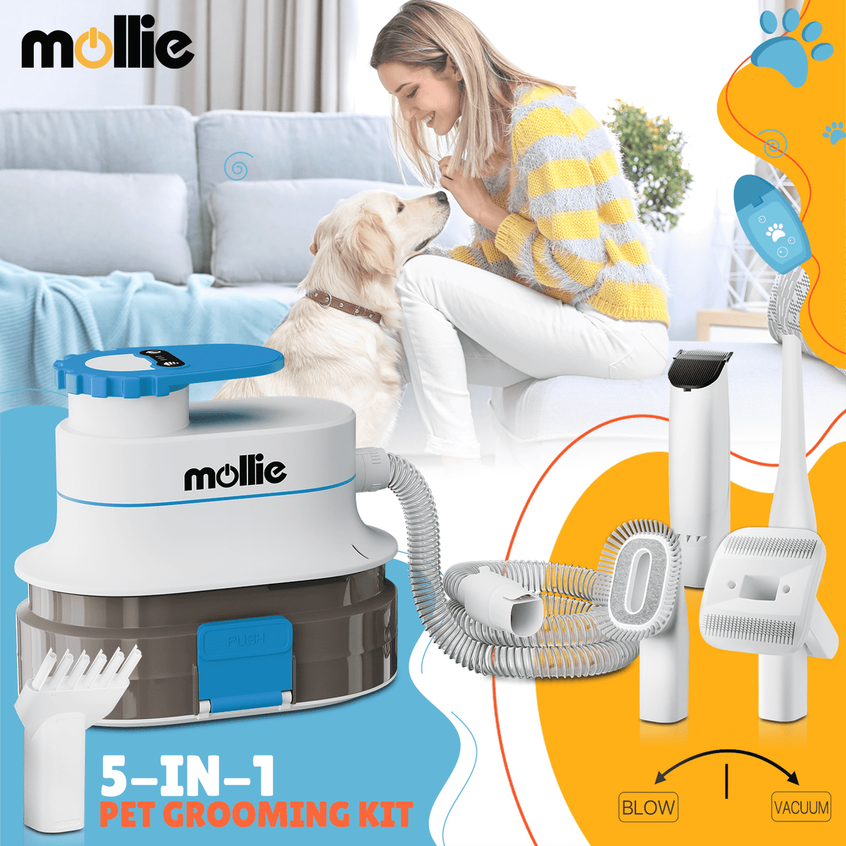Dog Grooming Vacuum and Dryer Kit with 6 Grooming Tools, Trimmer and Guide Combs for At-Home Dog and Cat Coat Care, MoNiBloom
