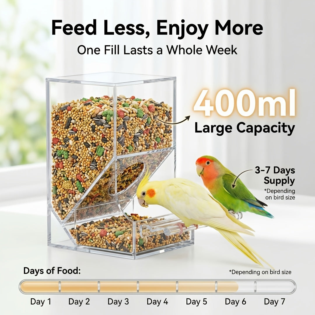 Automatic Bird Cage Feeder with Catch Tray, Transparent Acrylic Seed Dispenser with Angled Feeding Port and Cage Mount for Everyday Pet Bird Care