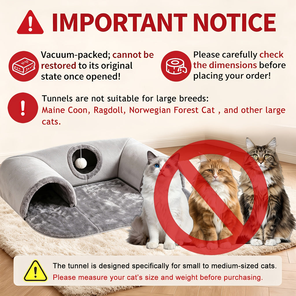 Detachable Cat Tunnel Bed with Plush Lounge and Hanging Pom-Pom Ball, S and M Indoor Cat Nest with Optional Glow-in-the-Dark Stars and Moon