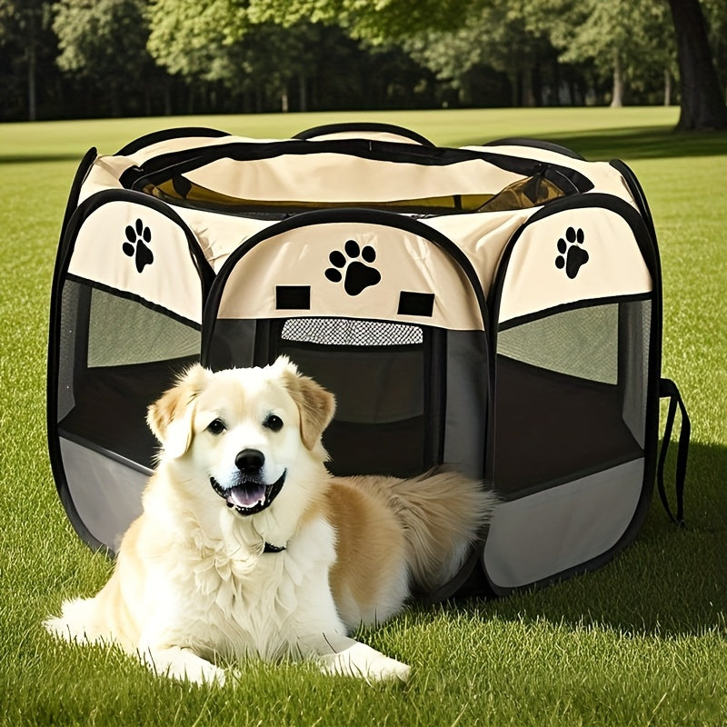Pet Playpen Tent for Dogs and Cats, Foldable Octagonal Oxford Fabric Enclosure with Paw Print Design for Indoor, Outdoor and Travel Use