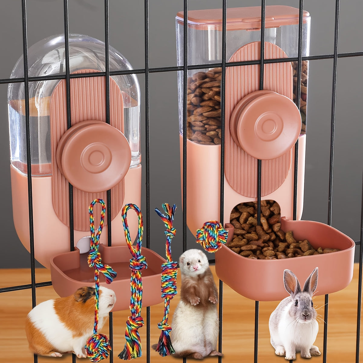 Cage Mounted Pet Feeder and Water Dispenser, Hanging Gravity Food and Water Bowls for Cats, Small Dogs and Rabbits, Multiple Set Options