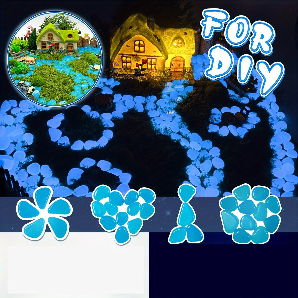 Glow in the Dark Pebbles, 1500 Blue Luminescent Decorative Stones Charged by Sunlight or Lamp Light for Garden Paths and Indoor Displays