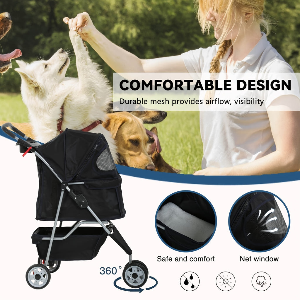 Dog Stroller with Removable Liner and Cup Holder, Three-Wheel Folding Pet Pushchair for Small Dogs, Cats and Medium Pets, Five Color Options