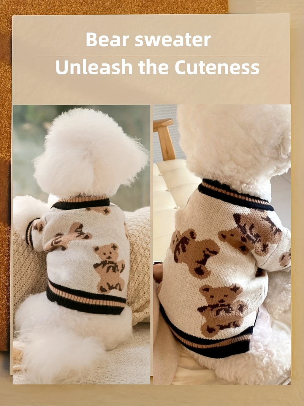 Bear Print Dog Cardigan Sweater with Button Closure, Beige Knit Pet Outfit with Contrast Ribbed Trim and Short Sleeves in M, L and XL Sizes