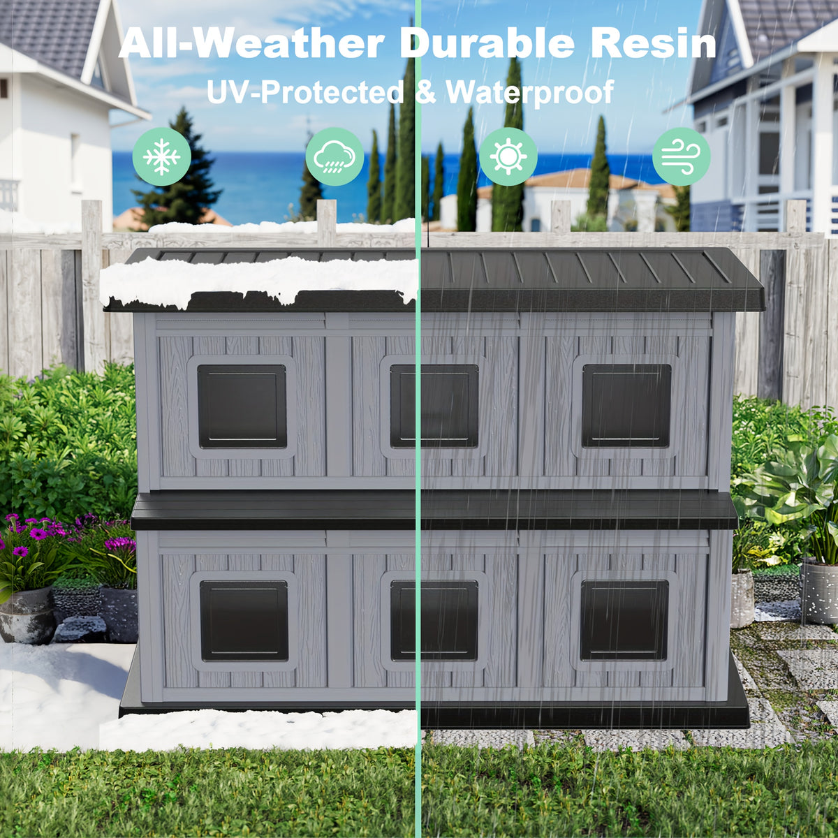 Two-Story Cat House with Multiple Small Windows, Double-Layer Cat Apartment and Resting Shelter for Stray Cats, Blue or Black Color Options