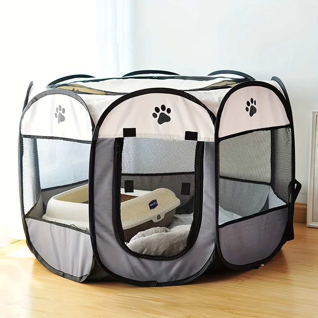 Pet Travel Playpen with Mesh Windows and Zipper Door, Foldable Octagonal Oxford Cloth Tent for Dogs and Cats, Beige Gray or Blue Size Options