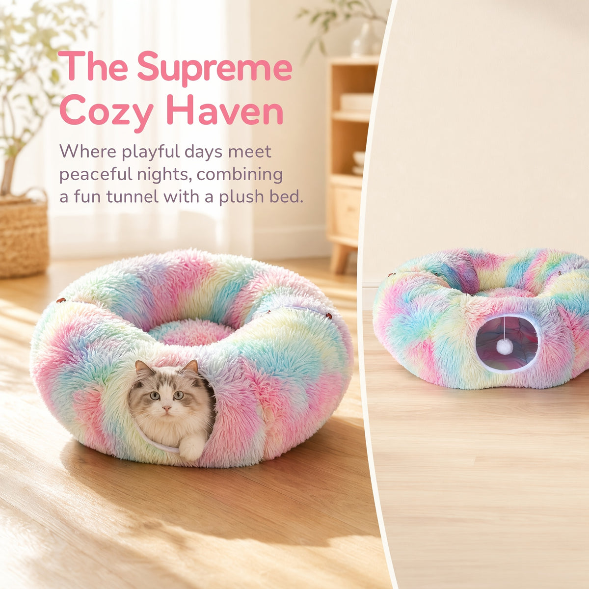 Plush Cat Tunnel Bed for Indoor Cats, 2-in-1 Foldable Donut Hideaway with Removable Washable Mat and Hanging Toy Ball, Four Color Options