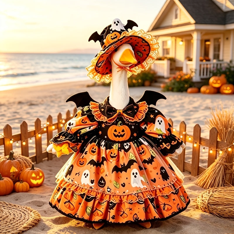 Halloween Porch Goose Costume for 23-Inch Decorative Statues, Orange Witch Dress Outfit with Lace Trim and Bat Pumpkin Theme for Fall Decor