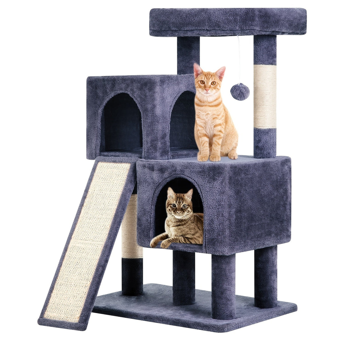 Cat Tree with Double Condos and Ramp, 36 Inch Plush Indoor Cat Tower with Top Perch, Sisal Scratching Posts and Dangling Ball, Three Colors