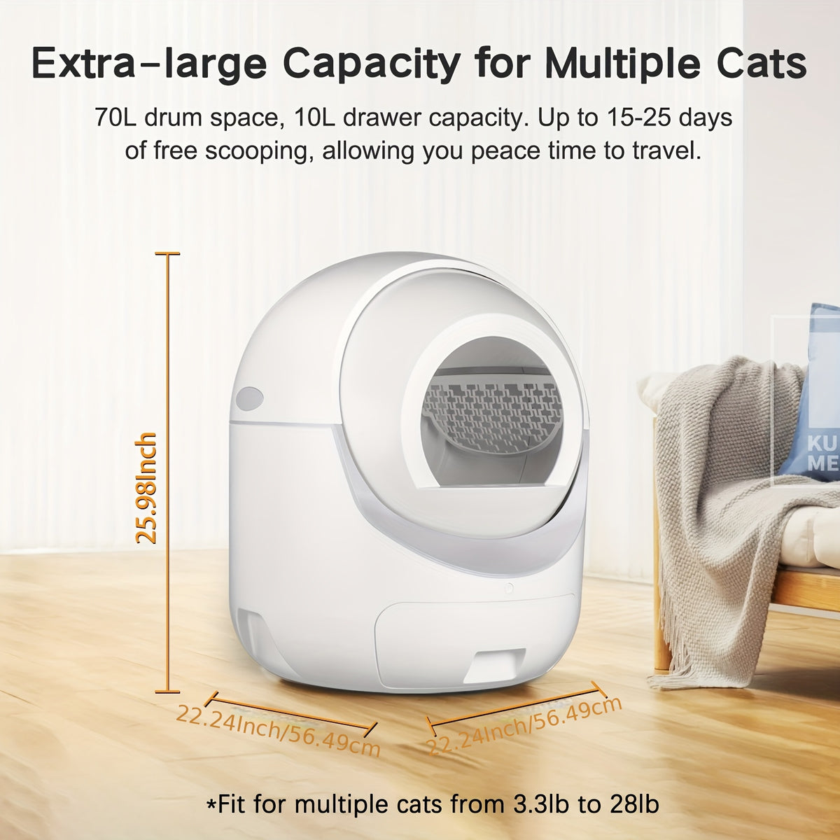 Self Cleaning Litter Box with App Control, White Automatic Cat Toilet with Odor Control Features and Waste Bags for Multi-Cat Household Cleanup