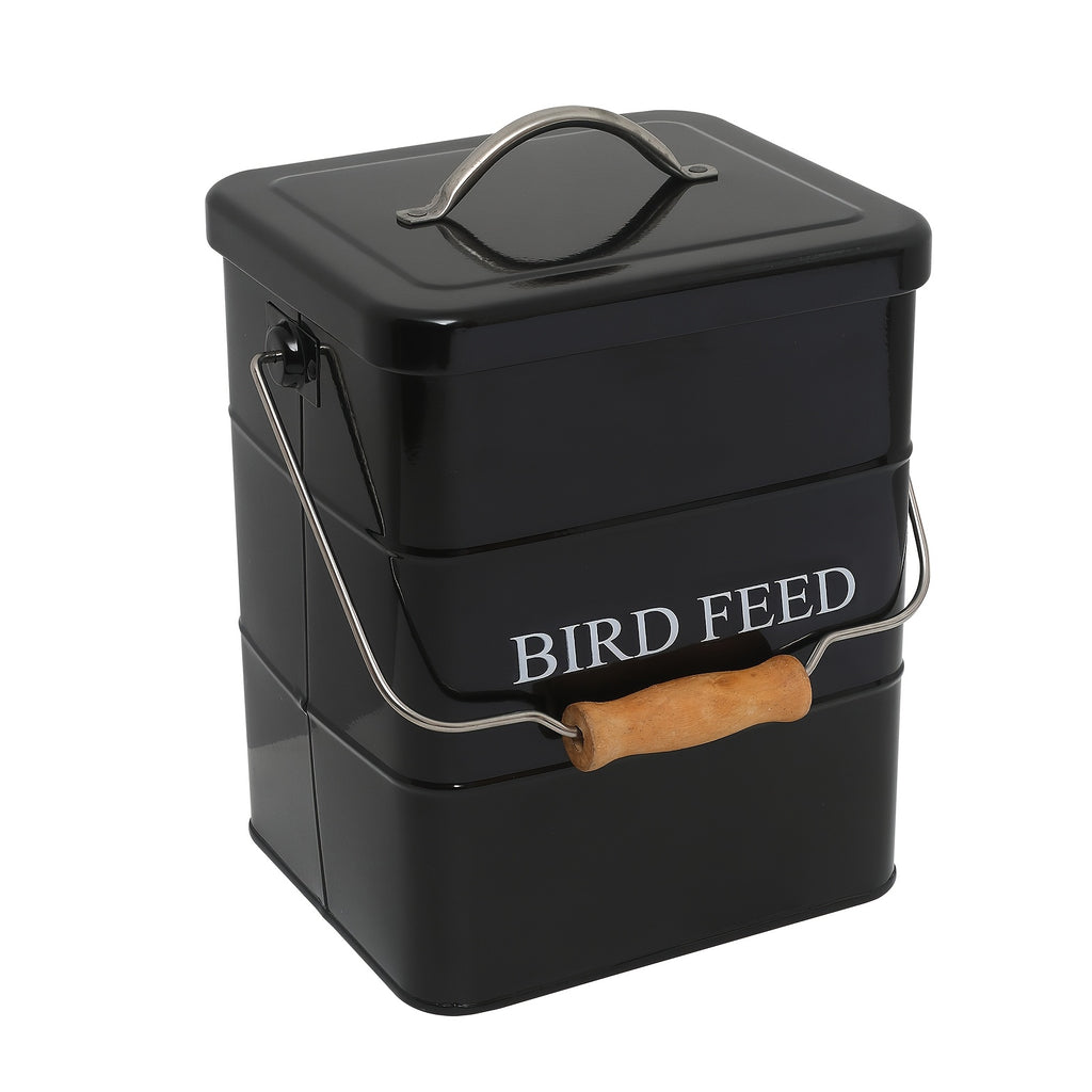 Bird Seed Storage Tin with Lid, Metal Bird Food Container in White or Black, Vintage Farmhouse Style Bucket for Organized Feeding Supplies at Home