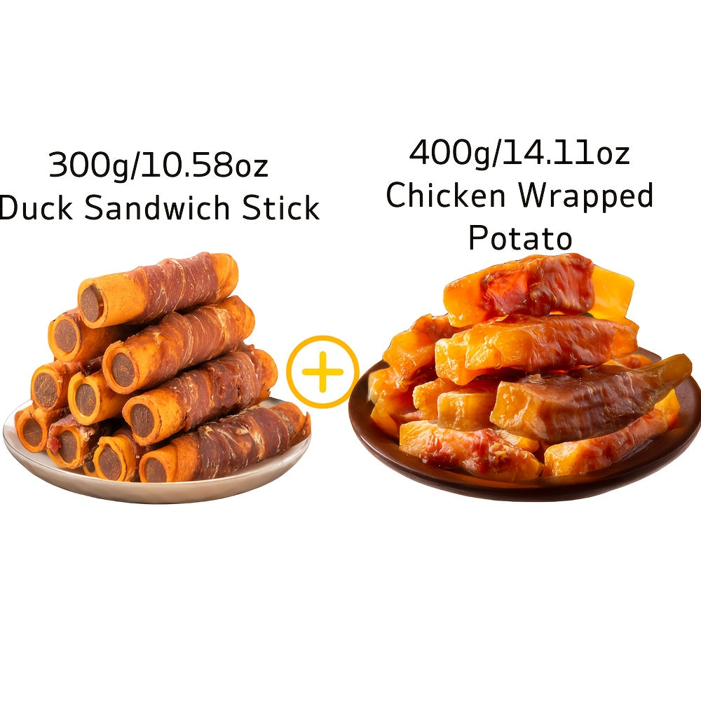 Dog Chew Treats Duo Packs, Chicken and Duck Jerky with Beef Chew Stick Options for Supervised Training Rewards, Everyday Snacks and Dog Gift Baskets