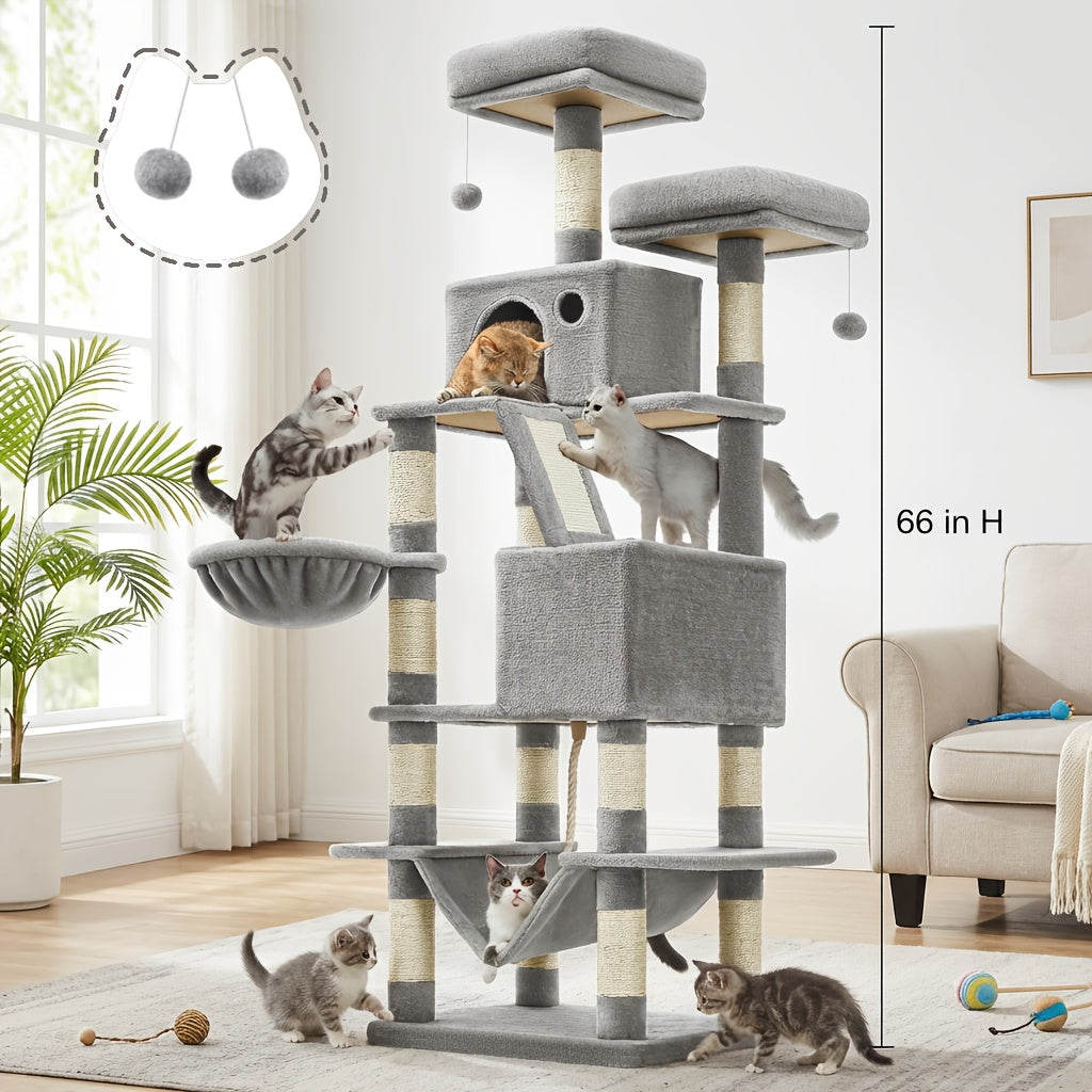 Multi-Level Cat Condo Tower with Cave and Plush Hammock, Sisal Scratching Features and Perches for Indoor Rest and Play, 44 66 or 79 Inch Options