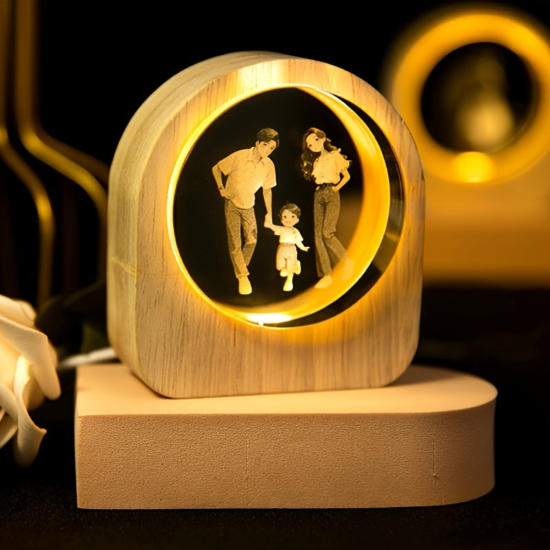 Custom LED Photo Crystal with Wood Base, Personalized Pet Portrait Keepsake with Name and Date for Pet Owners, Family and Anniversary Gifts