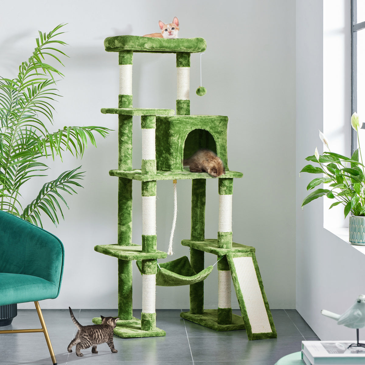 Cat Tree 63 Inch in Green, Multi-Level Indoor Cat Tower with Plush Condos, Hammock, Elevated Perches and Sisal Scratching Posts