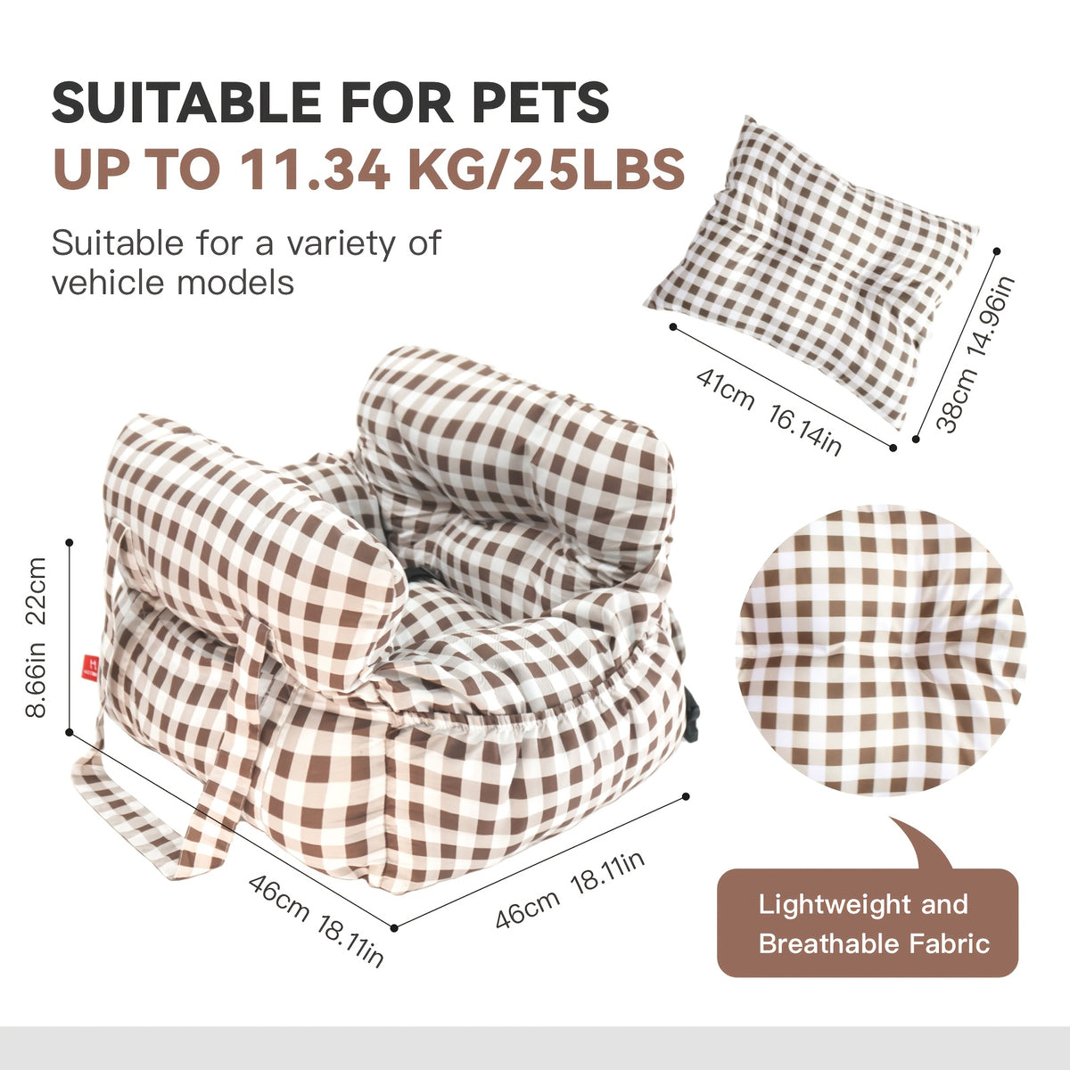 Portable Dog Car Seat with Carry Straps, Cushioned Pet Travel Bed for Dogs and Cats with Attachment Hook and Buckle, Seven Color and Style Options