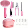 Dog Grooming Tool Set with Self-Cleaning Slicker Brush, Nail Clippers, Comb, Bath Brush and Finger Toothbrushes for At-Home Dog and Cat Care