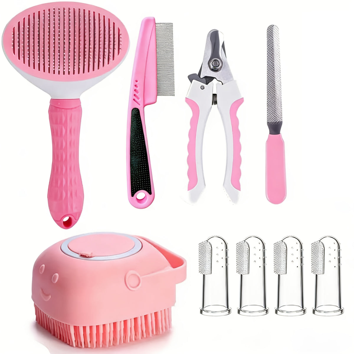 Dog Grooming Tool Set with Self-Cleaning Slicker Brush, Nail Clippers, Comb, Bath Brush and Finger Toothbrushes for At-Home Dog and Cat Care