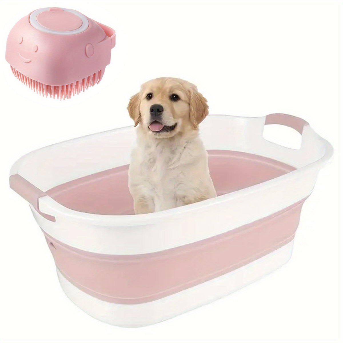 Foldable Dog Bathtub with Drain Plug and Shampoo Dispensing Bath Brush, Portable 21.65-Inch Pet Wash Basin for Small and Medium Pets