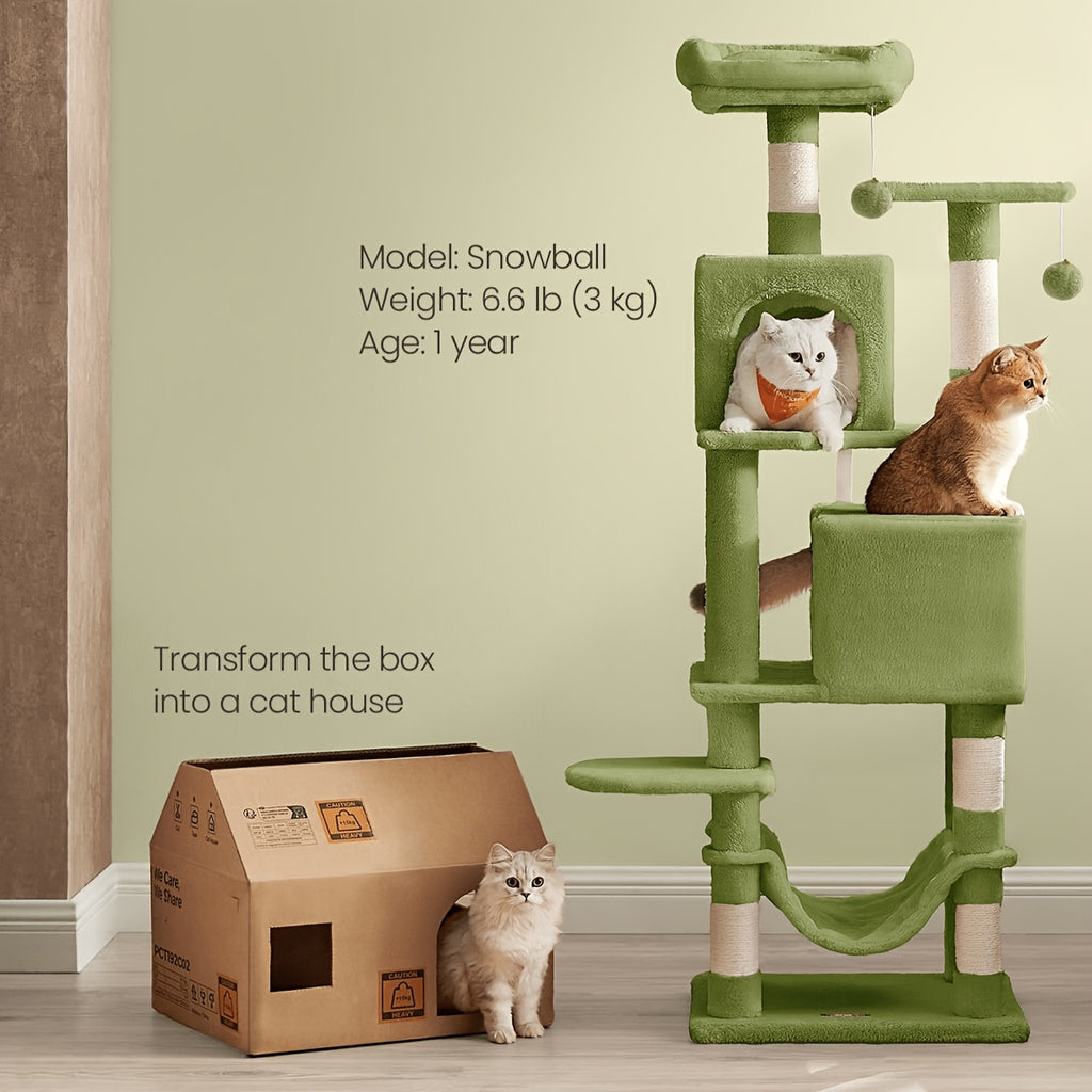 Cat Tree Tower 61 Inch with 5 Scratching Posts, 2 Perches, 2 Caves and Hammock, Plush Multi-Level Indoor Cat Furniture with Hanging Pompoms