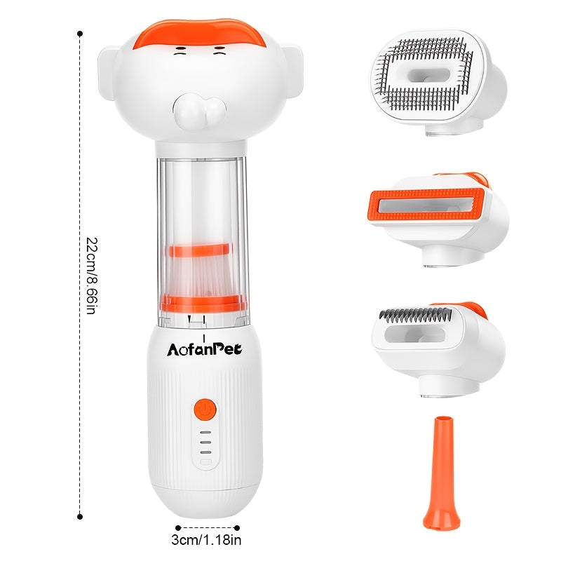 Pet Grooming Vacuum Brush 4-in-1, White Handheld Dog and Cat Deshedding Kit with Self-Cleaning Slicker, Undercoat Rake, Massage Brush and Blowing Nozzle