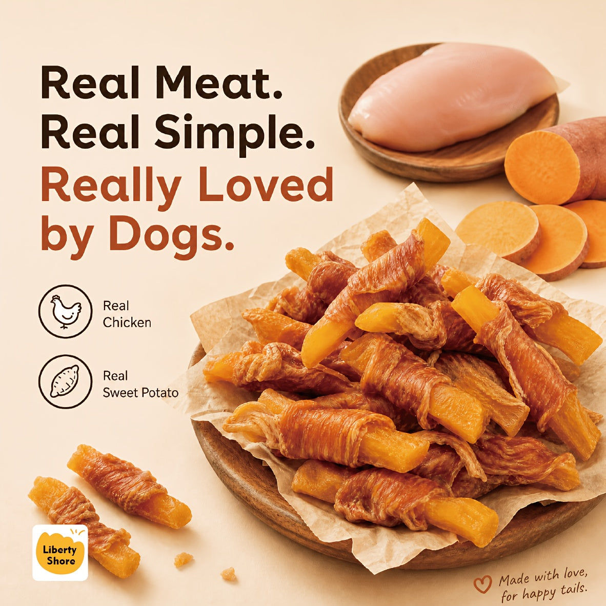 Chicken Wrapped Sweet Potato Dog Treats, 300g, 600g or 900g Chewy Snack Wraps for Supervised Reward Time and Dog Lover Gift Baskets
