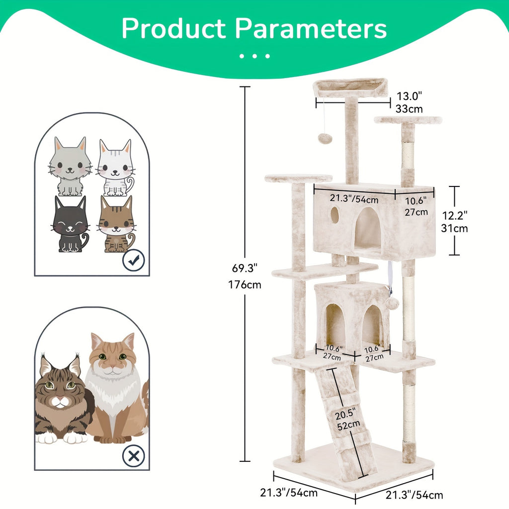 Cat Tree Activity Center for Indoor Cats, Multi-Level Climbing Tower with Scratching Posts, Perches and Condo Hideaways, 36-80 Inch Height Options
