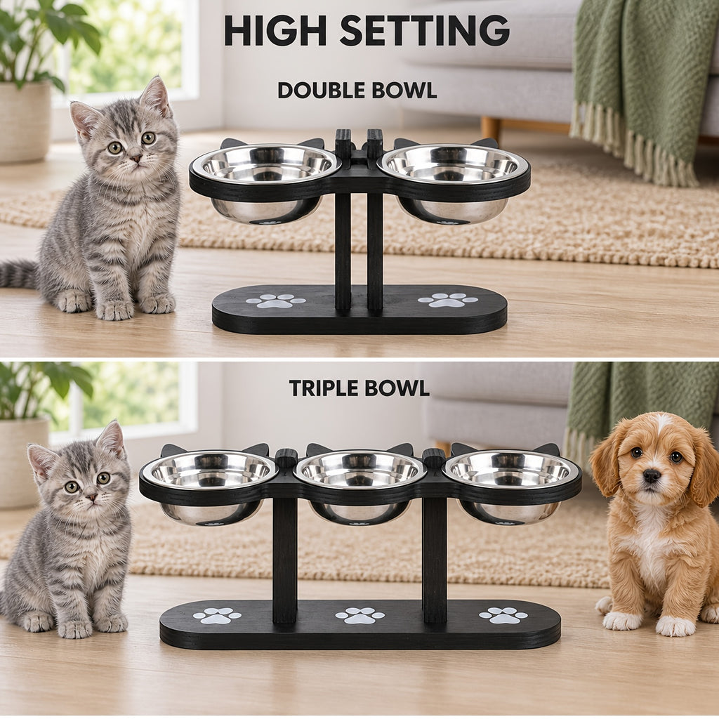 Double Cat Bowl Stand with Two Stainless Steel Dishes, 15 Degree Tilted Adjustable Black Wooden Feeder for Cat and Small Dog Food and Water