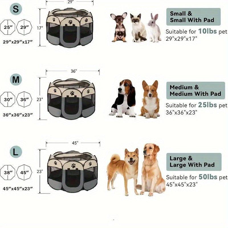 Foldable Pet Playpen with Zipper and Mesh Panels, Portable Cat and Puppy Enclosure in Three Sizes for Supervised Indoor and Outdoor Use