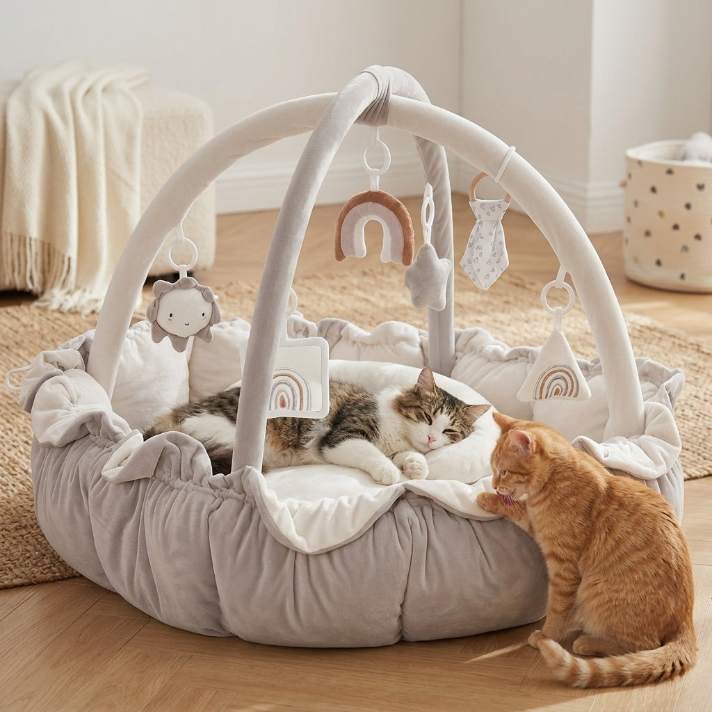 Convertible Cat Bed with Hanging Toys, 5-in-1 Double-Sided Soft Pet Nest and Play Gym for Kittens, Adult Cats and Small Dogs in Three Colors