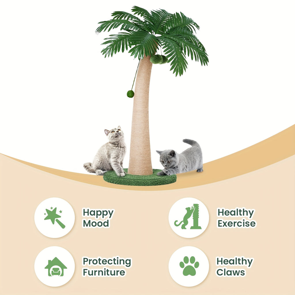 Coconut Tree Cat Scratching Post 43 Inch, Tall Sisal Scratcher with Three Hanging Pom-Pom Toys and Soft Fabric Round Base for Indoor Cats