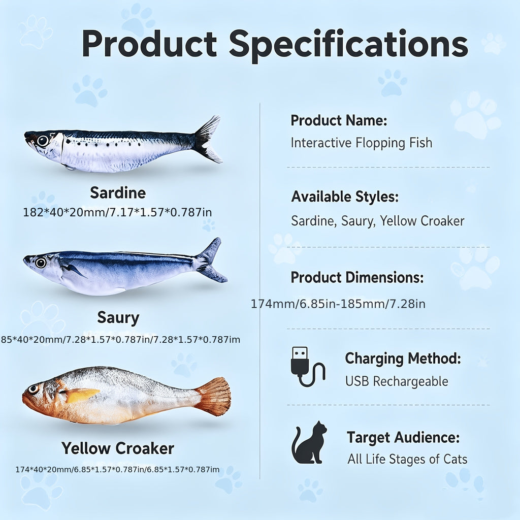 Flopping Fish Cat Toy 3-Pack, Touch-Activated Type-C Rechargeable Interactive Fish with 3 Swing Modes and Removable Motor for Indoor Cat Play
